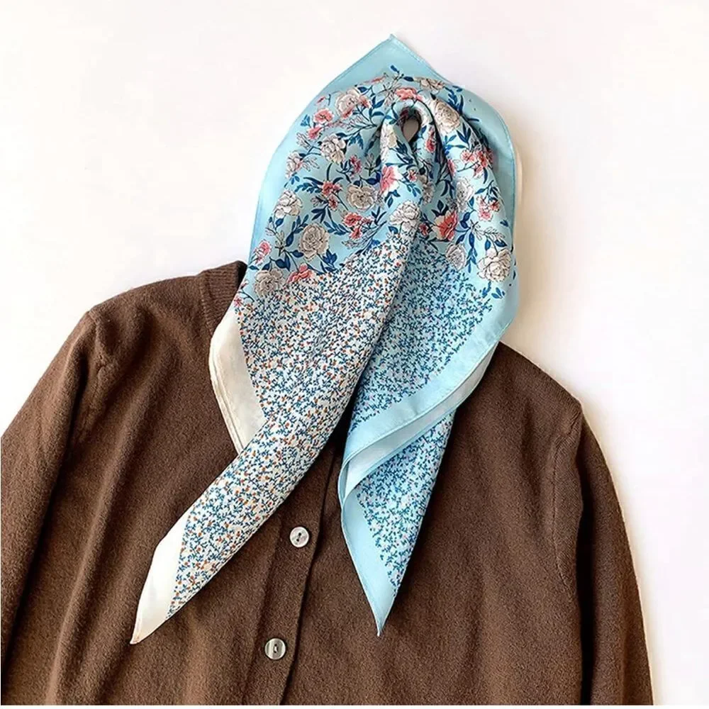 Blue Floral Mulberry Silk Neck Scarf